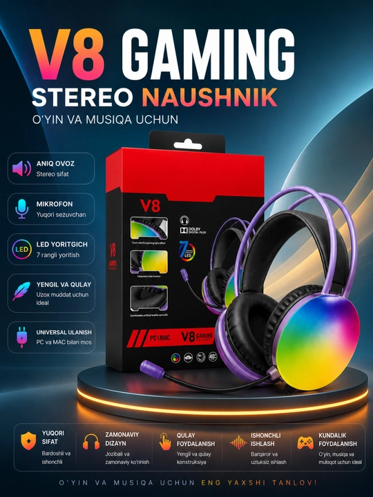 V8 Gaming Стерео Игровые Наушники с Микрофоном RGB LED для ПК, Ноутбука и Смартфона - 