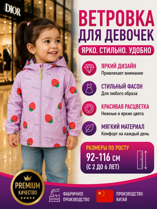 Vetrovka, qizlar uchun, bahor, kuz uchun qulupnay bilan