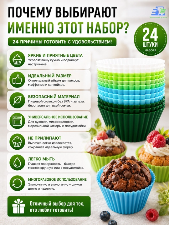 Keks va maffinlar uchun silikon pishirish qoliplari 24 dona, qayta foydalaniladigan