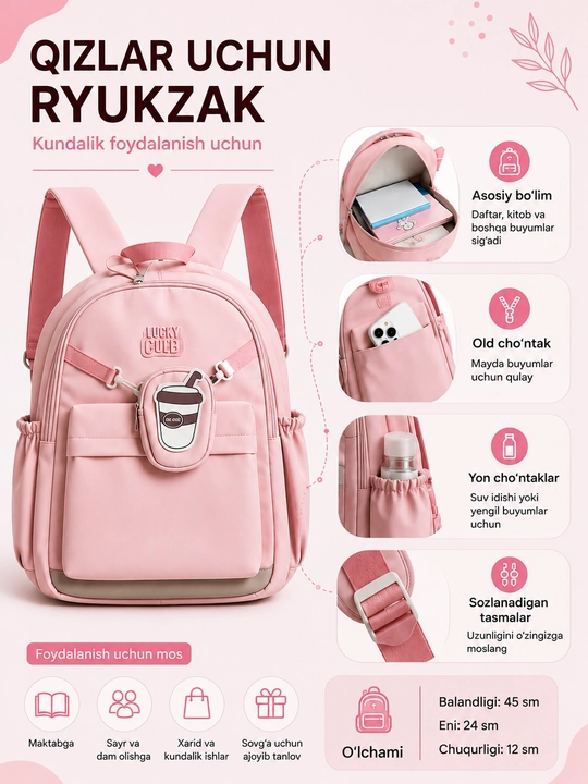 Qizlar va o‘g‘il bolalar uchun ryukzak, maktab, bolalar sumkasi - 