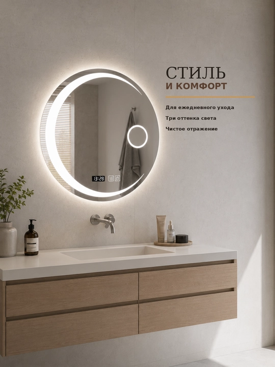 Круглое LED-зеркало 70×70 см, 3 цвета, часы, антизапотевание, для ванной