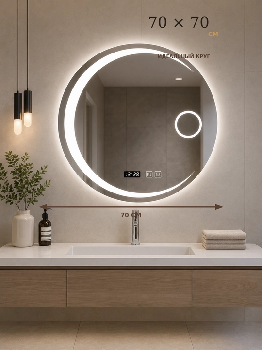 Круглое LED-зеркало 70×70 см, 3 цвета, часы, антизапотевание, для ванной