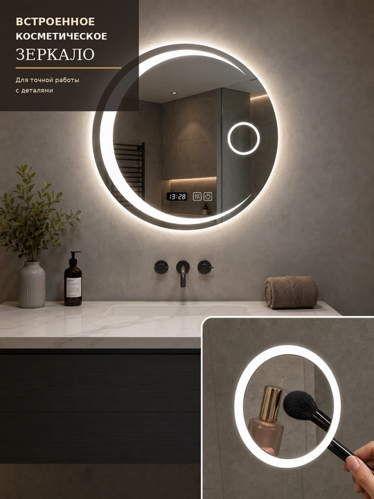 Круглое LED-зеркало 70×70 см, 3 цвета, часы, антизапотевание, для ванной