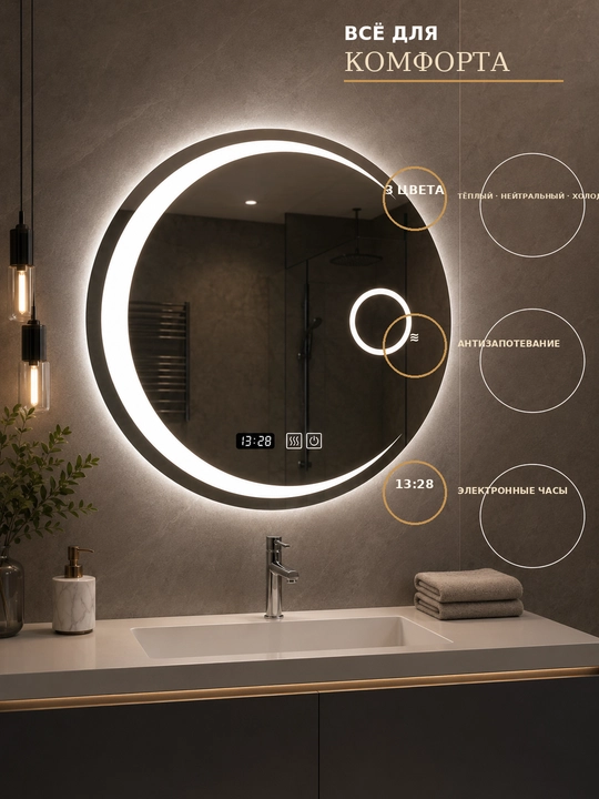 Круглое LED-зеркало 70×70 см, 3 цвета, часы, антизапотевание, для ванной