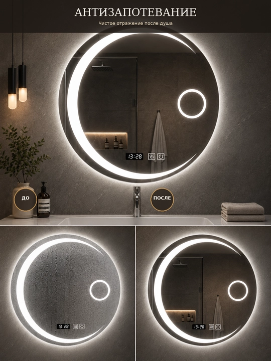 Круглое LED-зеркало 70×70 см, 3 цвета, часы, антизапотевание, для ванной