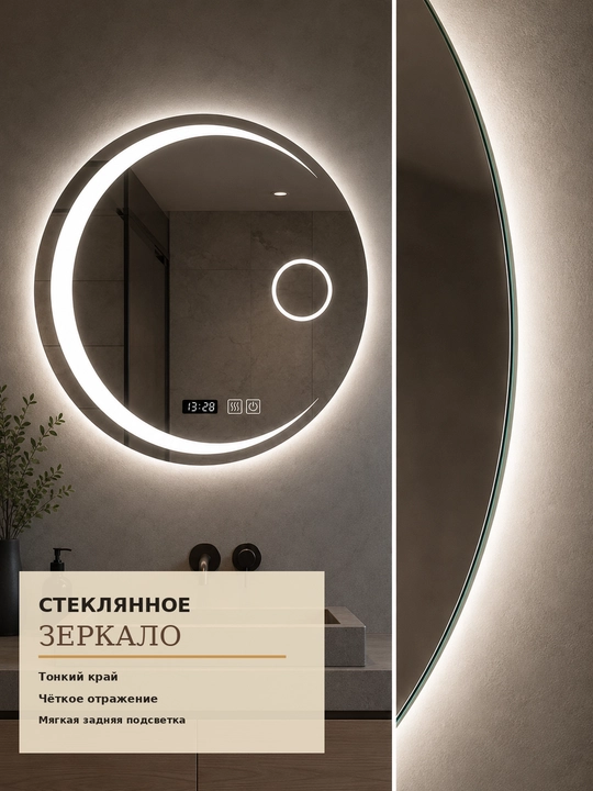 Круглое LED-зеркало 70×70 см, 3 цвета, часы, антизапотевание, для ванной