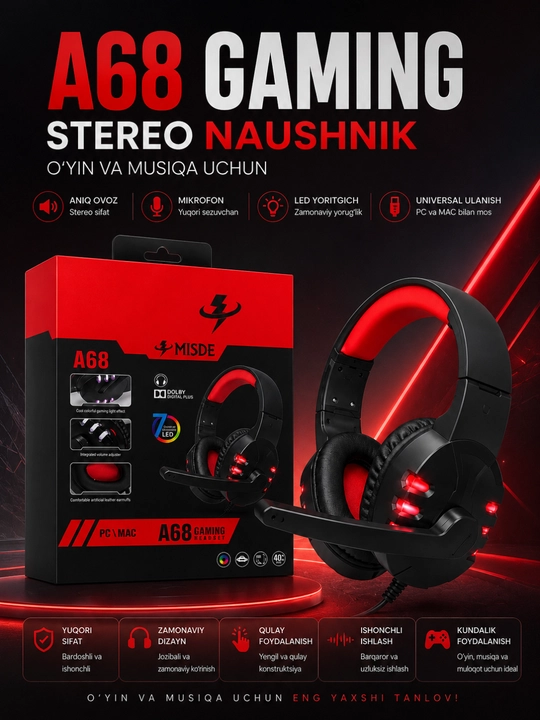 A68 Gaming Stereo Naushnik RGB LED Mikrofonli Simli Quloqchin PC, Laptop va Telefon uchun - 