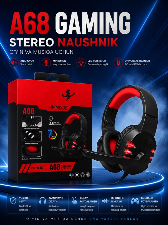 A68 Gaming Стерео Игровые Наушники с Микрофоном RGB LED для ПК, Ноутбука и Смартфона - 