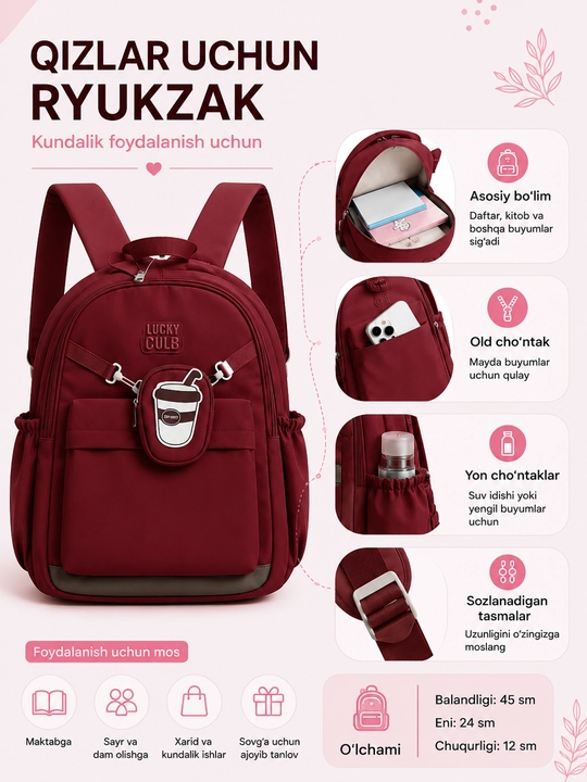 Qizlar va o‘g‘il bolalar uchun ryukzak, maktab, bolalar sumkasi - 