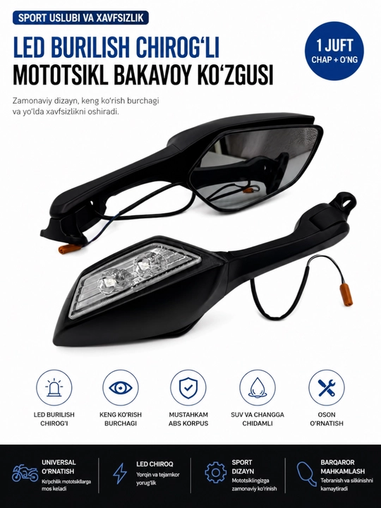 Mototsikl uchun LED buriluvchi universal orqa ko‘rish oynalari (Chap + O‘ng) - 