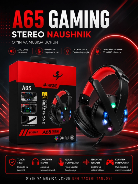 A65 Gaming Стерео Игровые Наушники с Микрофоном RGB LED для ПК, Ноутбука и Смартфона - 