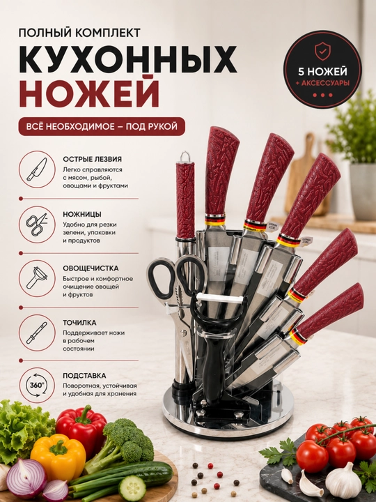 Oshxona pichoqlari to‘plami 9 qism aylanuvchi stendli zanglamaydigan po‘lat pichoq - 