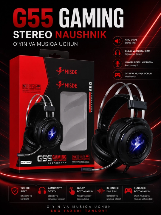 MISDE G55 Gaming Stereo Naushnik RGB LED Mikrofonli Simli Quloqchin PC va Mac uchun - 