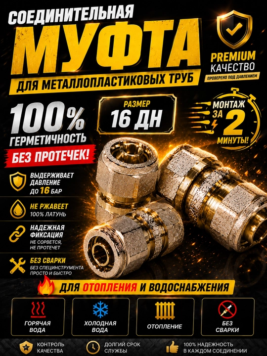 Metalloplast quvurlar uchun latun siqma ulash muftasi - 