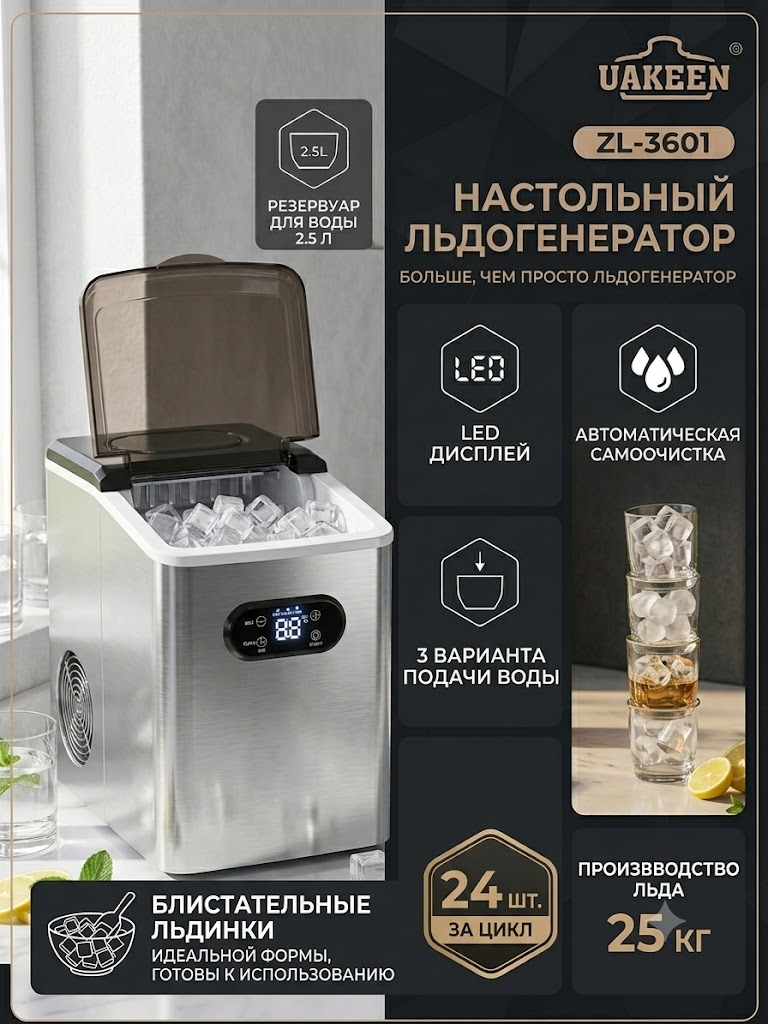Льдогенератор кубикового льда для кафе и дома 20,25 кг в сутки