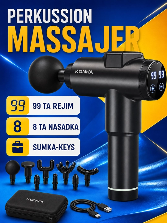 Perkussion massaj pistoleti KONKA tana uchun, 99 rejim, 8 ta nasadka, keys