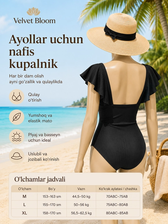 Ayollar va qizlar uchun cho‘milish kiyimi, malomerka, rasmdagi jadvalga qarang