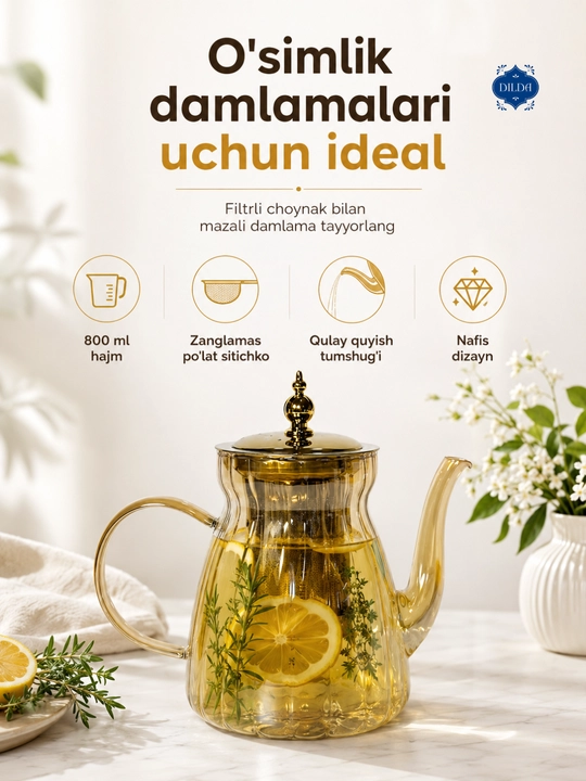 Issiq va sovuq ichimliklar uchun 1300 ml hajmli metall filtrli shisha choynak, 1 dona