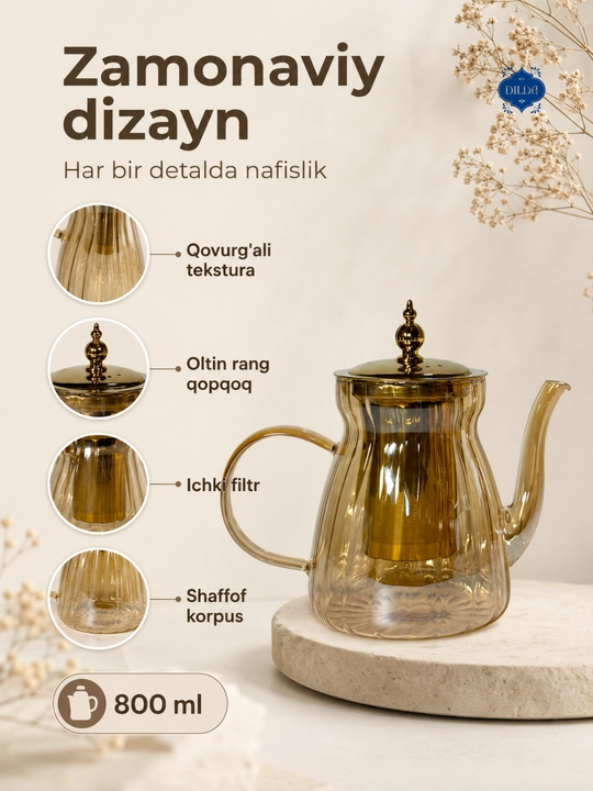 Issiq va sovuq ichimliklar uchun 1300 ml hajmli metall filtrli shisha choynak, 1 dona
