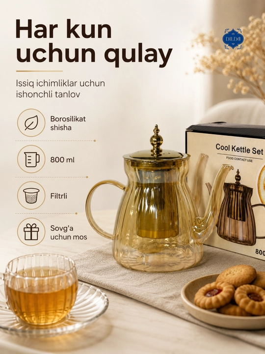 Issiq va sovuq ichimliklar uchun 1300 ml hajmli metall filtrli shisha choynak, 1 dona