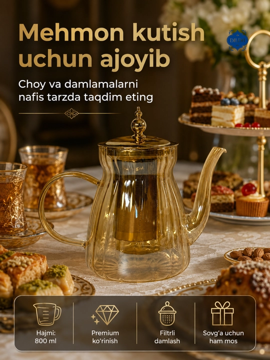 Issiq va sovuq ichimliklar uchun 1300 ml hajmli metall filtrli shisha choynak, 1 dona