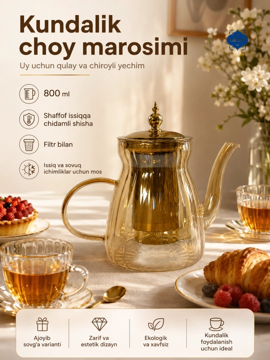 Issiq va sovuq ichimliklar uchun 1300 ml hajmli metall filtrli shisha choynak, 1 dona
