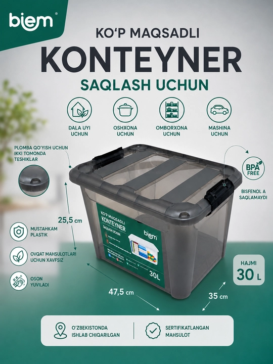 Turli o'lchamdagi saqlash qutilari va idishlar, konteynerlar - 