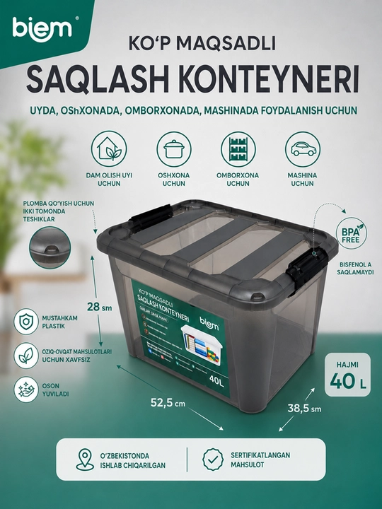 Turli o'lchamdagi saqlash qutilari va idishlar, konteynerlar - 