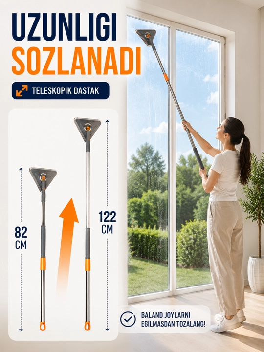 Uchburchak oyna tozalagich teleskopik cho'tka mikrofiber va silikon qirrali - 