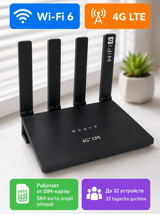 SIM-kartli 4G Wi‑Fi router WR800 Wi‑Fi 6 bilan 150 Mbit/s gacha - 