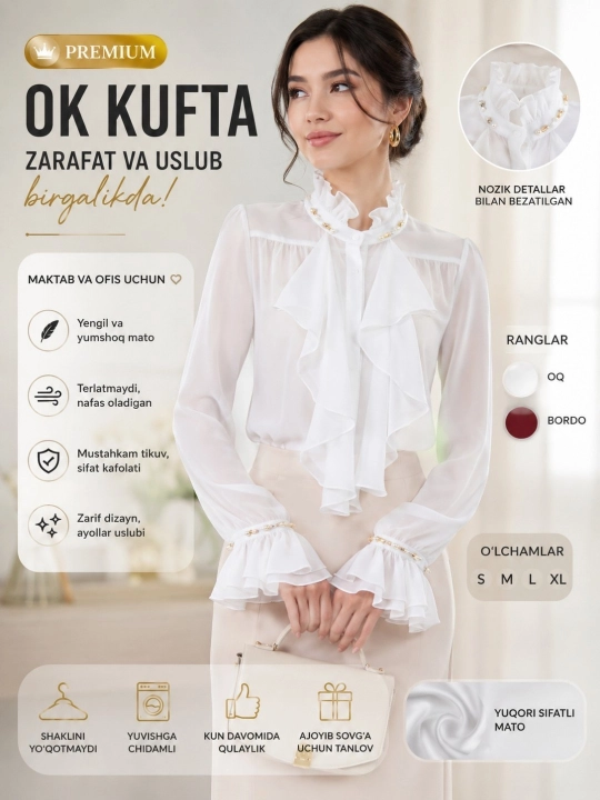 Блузка для школы и колледжа, с жемчужным воротником, длинный рукав