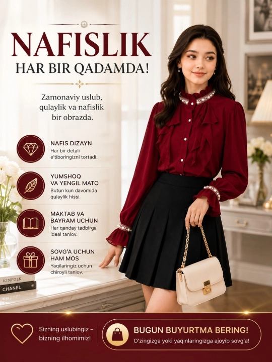Qizlar uchun nafis marvaridli kofta, uzun yengli bluzka, rasmiy va kundalik kiyim - 