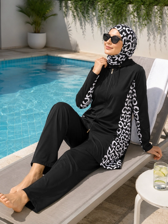 Ayollar uchun musulmoncha cho‘milish kiyimi, 3 ta 1 da burkini, hijobli cho‘milish kiyimi