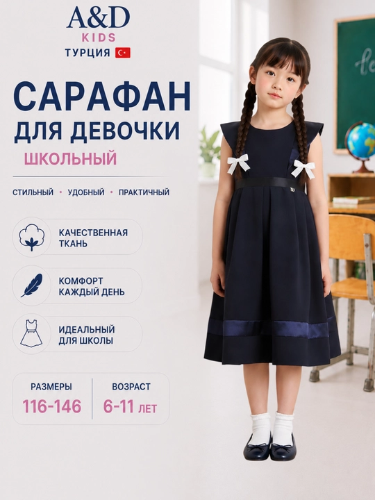 Сарафан для девочки, школьный, школьная одежда девочек, Турция, A&D Kids, 116-146,6-11, 3 вида - 