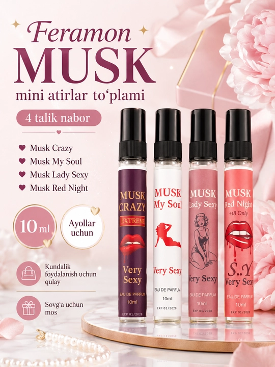 Feramon MUSK ayollar uchun mini atirlar to‘plami, 4 talik nabor, mini atir, sovg‘a uchun