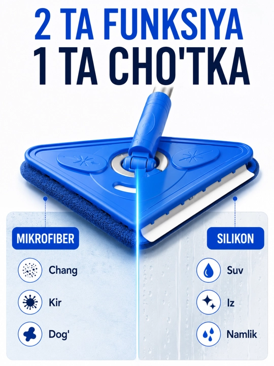 Uchburchak oyna tozalagich teleskopik cho'tka mikrofiber va silikon qirrali