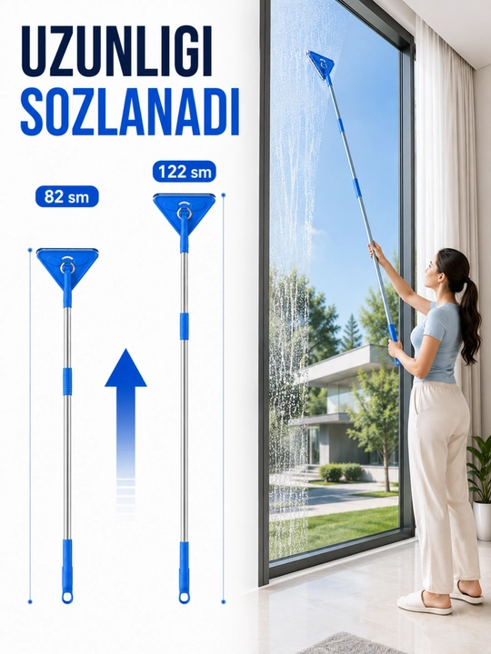 Uchburchak oyna tozalagich teleskopik cho'tka mikrofiber va silikon qirrali