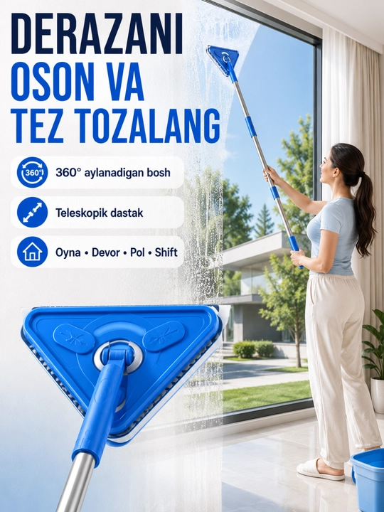 Uchburchak oyna tozalagich teleskopik cho'tka mikrofiber va silikon qirrali - 
