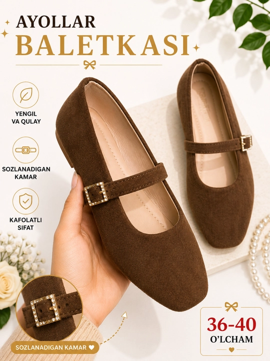 Ayollar baletkasi, o'qish va ofis uchun mos poyabzal, mokasina uslubida, bog'ichli, 36-40 - 