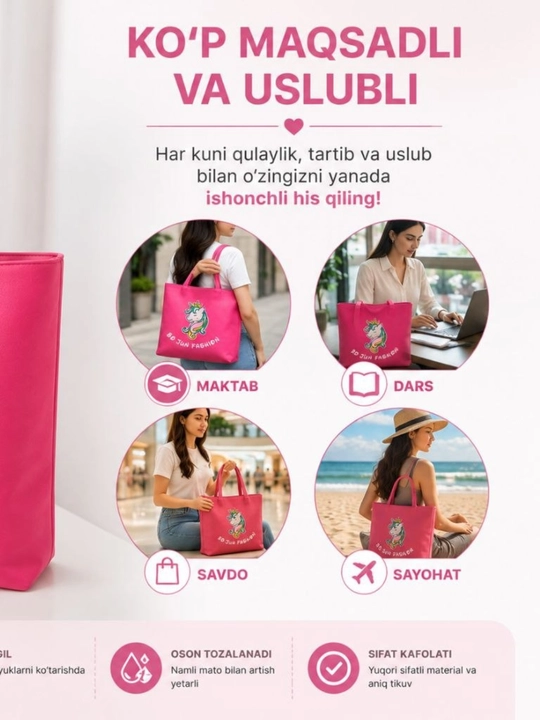 Qizlar uchun shopper sumka koja matoli maktab ish va o'qish uchun ajoyib tanlov