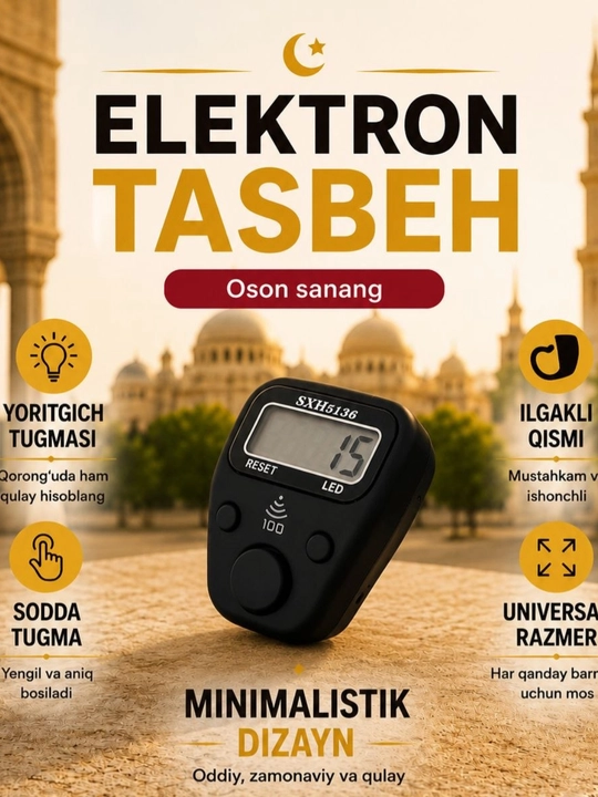 Elektron tasbeh, tasbeh sanagich,barmoqqa taqiladigan tasbeh, digital tasbeh, zikr sanash - 