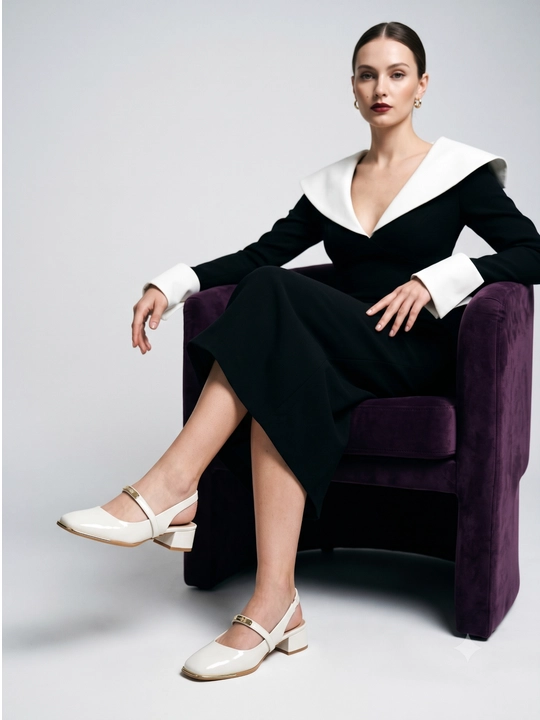 Ayollar uchun elegant slingback tufli, kvadrat burunli, poshnali, bezakli model