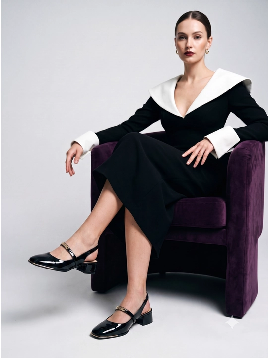 Ayollar uchun elegant slingback tufli, kvadrat burunli, poshnali, bezakli model