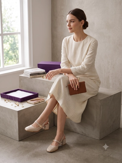 Ayollar uchun elegant slingback tufli, kvadrat burunli, poshnali, bezakli model