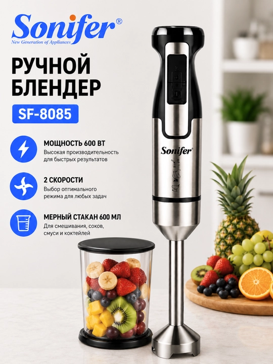 Sonifer SF-8085 blenderi: 600 Vt quvvat, 2 ta tezlik va 600 ml o‘lchov stakani bor - 