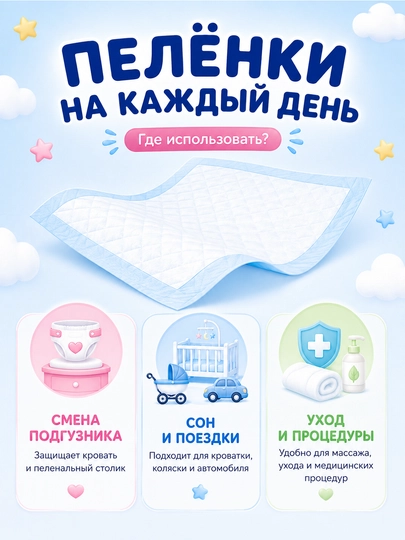 Пеленки одноразовые, впитывающие, 60х90 см, 30 шт, детские, для новорожденных