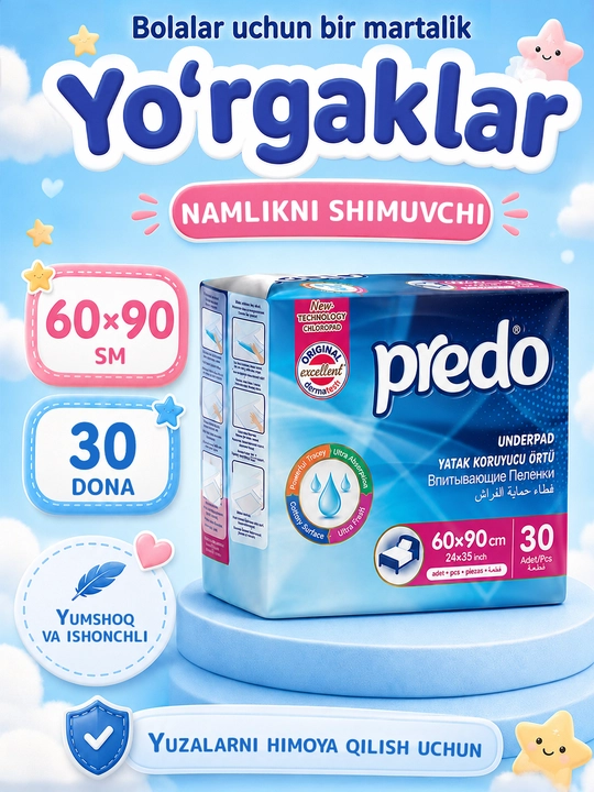 Chaqaloqlar uchun 60x90 sm o‘lchamdagi bir martalik bolalar yo‘rgaklari, 30 dona - 