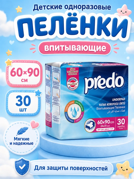 Пеленки одноразовые, впитывающие, 60х90 см, 30 шт, детские, для новорожденных