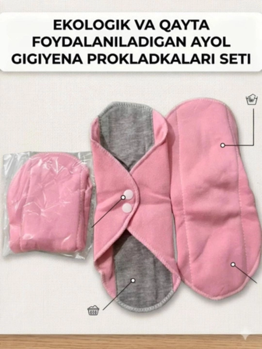 Ko‘p marta ishlatiladigan ayollar, suv o‘tkazmaydigan, yumshoq, antibakterial prokladkalar