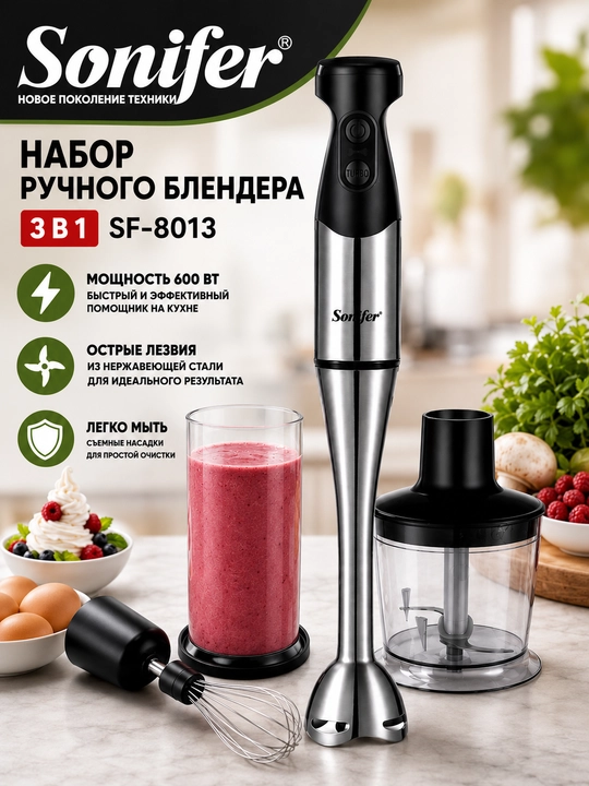 Набор блендера 3в1 SF-8013: мощность 600 Вт, лезвия из нержавеющей стали, легко мыть - 
